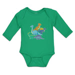 Long Sleeve Bodysuit Baby Dinosaur Rex, Triceratops Stegosaurus Cotton - Cute Rascals