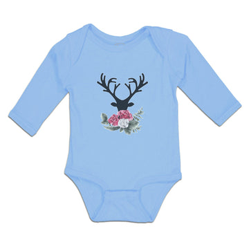 Long Sleeve Bodysuit Baby Abstract Flowers Silhouette Deer Head with Horns