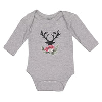 Long Sleeve Bodysuit Baby Abstract Flowers Silhouette Deer Head with Horns - Cute Rascals