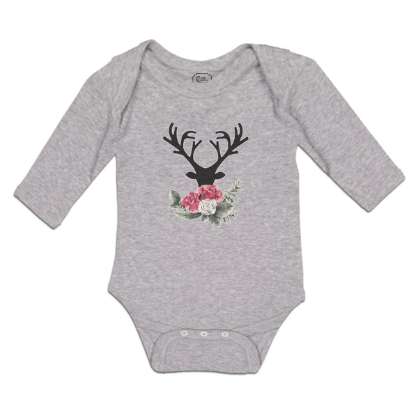 Long Sleeve Bodysuit Baby Abstract Flowers Silhouette Deer Head with Horns - Cute Rascals