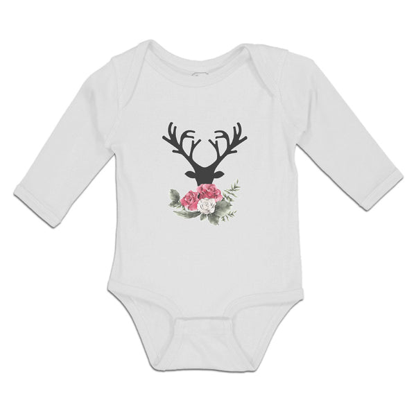 Long Sleeve Bodysuit Baby Abstract Flowers Silhouette Deer Head with Horns - Cute Rascals