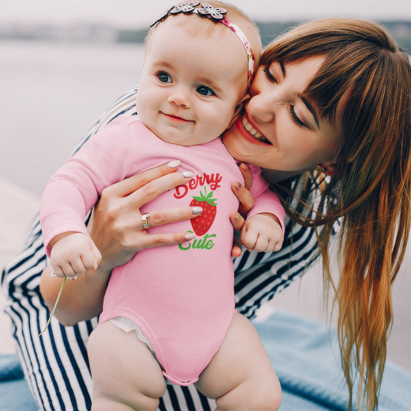 Long Sleeve Bodysuit Baby Cute Red Berry Strawberry with A Stem and Leaves - Cute Rascals