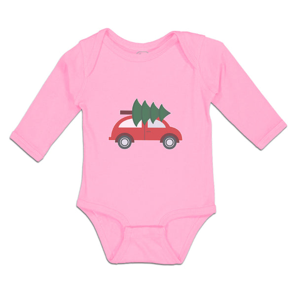 Long Sleeve Bodysuit Baby Red Car and Green Christmas Tree on Roof Cotton