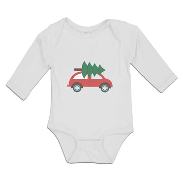 Long Sleeve Bodysuit Baby Red Car and Green Christmas Tree on Roof Cotton