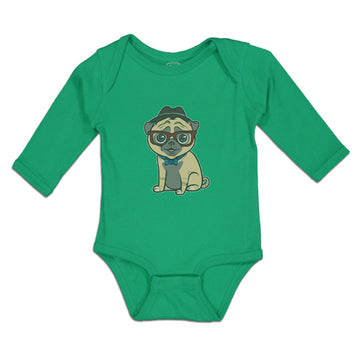 Long Sleeve Bodysuit Baby Pug on Hat and Sunglass with Bow Tie Sitting Cotton