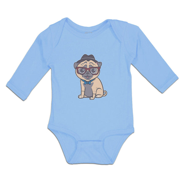 Long Sleeve Bodysuit Baby Pug on Hat and Sunglass with Bow Tie Sitting Cotton