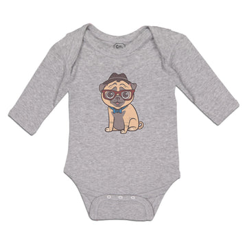 Long Sleeve Bodysuit Baby Pug on Hat and Sunglass with Bow Tie Sitting Cotton