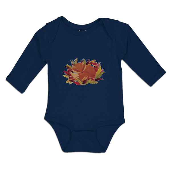 Long Sleeve Bodysuit Baby Sleeping Fox on Autumn Bushy Leaves and Flower Cotton