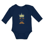 Long Sleeve Bodysuit Baby King Ruler Closed Eyes, Mustache Crown Head Cotton