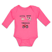 Long Sleeve Bodysuit Baby Cluck Mooo Vrooom with Farmer Tractor, Hen and Cow - Cute Rascals