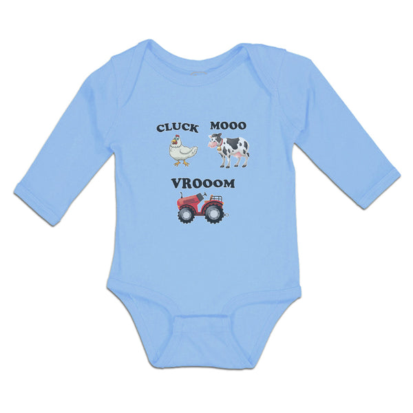 Long Sleeve Bodysuit Baby Cluck Mooo Vrooom with Farmer Tractor, Hen and Cow - Cute Rascals