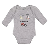 Long Sleeve Bodysuit Baby Cluck Mooo Vrooom with Farmer Tractor, Hen and Cow - Cute Rascals