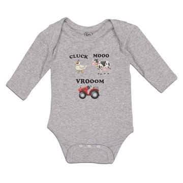 Long Sleeve Bodysuit Baby Cluck Mooo Vrooom with Farmer Tractor, Hen and Cow