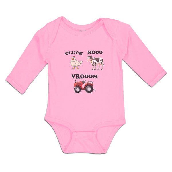 Long Sleeve Bodysuit Baby Cluck Mooo Vrooom with Farmer Tractor, Hen and Cow - Cute Rascals