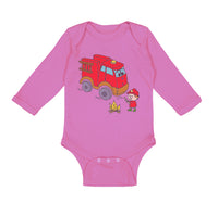 Long Sleeve Bodysuit Baby Red Fire Truck and Smiling Firefighter Trucks Cotton