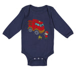 Long Sleeve Bodysuit Baby Red Fire Truck and Smiling Firefighter Trucks Cotton