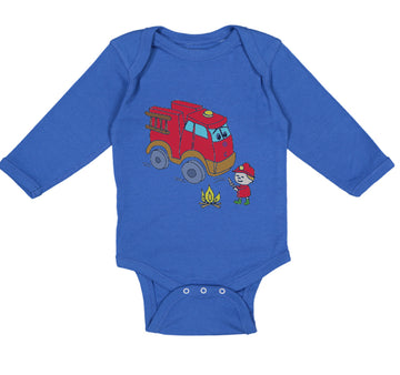 Long Sleeve Bodysuit Baby Red Fire Truck and Smiling Firefighter Trucks Cotton