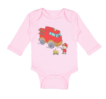 Long Sleeve Bodysuit Baby Red Fire Truck and Smiling Firefighter Trucks Cotton