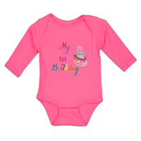 Long Sleeve Bodysuit Baby My 1St Birthday with Delicious Cake on Candles Cotton