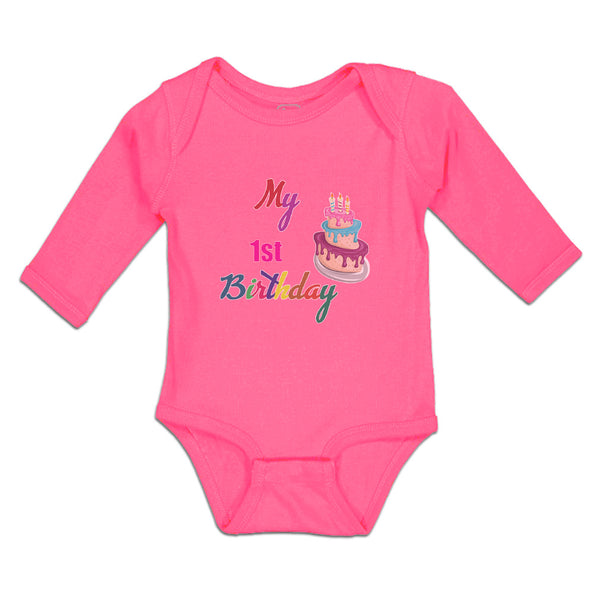 Long Sleeve Bodysuit Baby My 1St Birthday with Delicious Cake on Candles Cotton