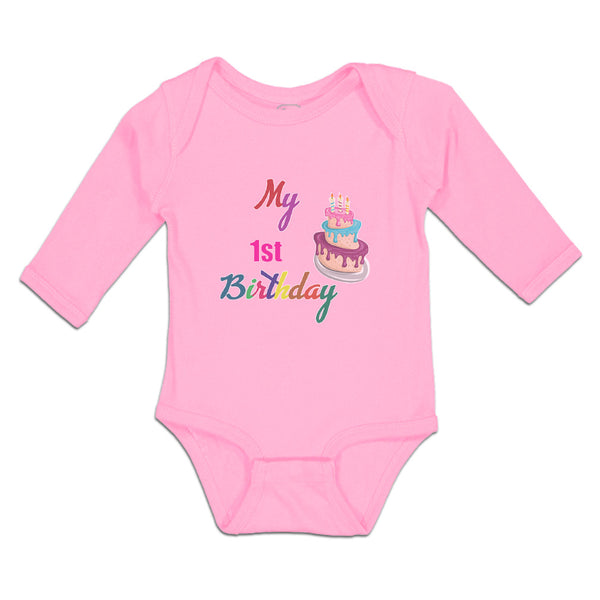 Long Sleeve Bodysuit Baby My 1St Birthday with Delicious Cake on Candles Cotton