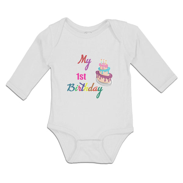 Long Sleeve Bodysuit Baby My 1St Birthday with Delicious Cake on Candles Cotton