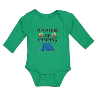 Long Sleeve Bodysuit Baby I'D Rather Be Camping with Blue Tent and Bonfire Fire