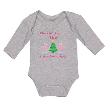 Long Sleeve Bodysuit Baby Flockin' Around The Christmas Tree with Flamingo Birds