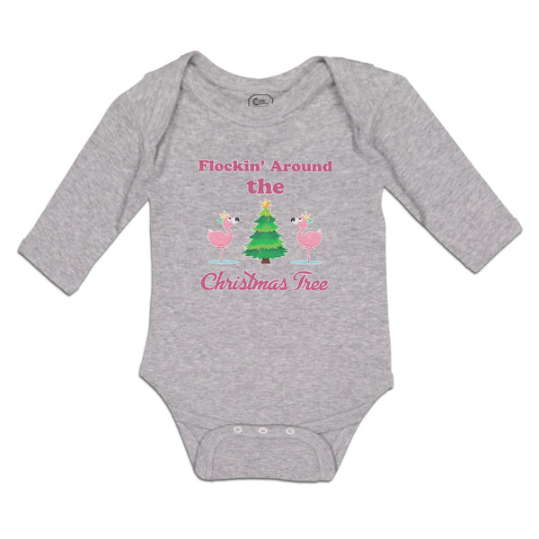 Long Sleeve Bodysuit Baby Flockin' Around The Christmas Tree with Flamingo Birds - Cute Rascals