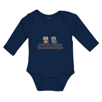 Long Sleeve Bodysuit Baby It's Our First Thanksgiving 2 Owls Sitting Cotton