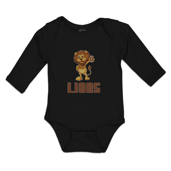 Long Sleeve Bodysuit Baby Lions Wild Animal Standing with Rugby Ball Sport