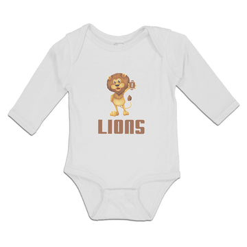 Long Sleeve Bodysuit Baby Lions Wild Animal Standing with Rugby Ball Sport