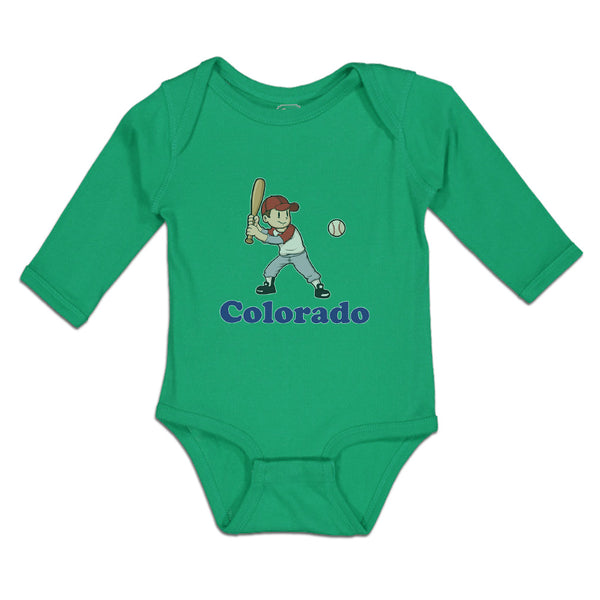 Long Sleeve Bodysuit Baby Colorado Boy Playing Baseball Sport Bat and Ball - Cute Rascals