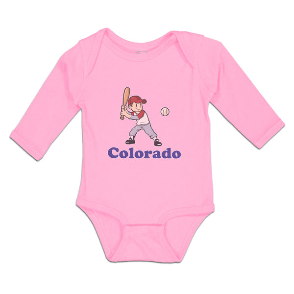 Long Sleeve Bodysuit Baby Colorado Boy Playing Baseball Sport Bat and Ball - Cute Rascals