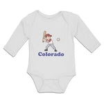Long Sleeve Bodysuit Baby Colorado Boy Playing Baseball Sport Bat and Ball - Cute Rascals