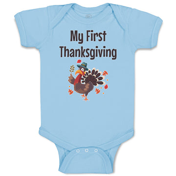 Baby Clothes Thanksgiving Day Turkey Bird in Pilgrim Hat Holds Leaves Cotton