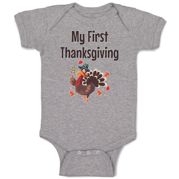 Baby Clothes Thanksgiving Day Turkey Bird in Pilgrim Hat Holds Leaves Cotton