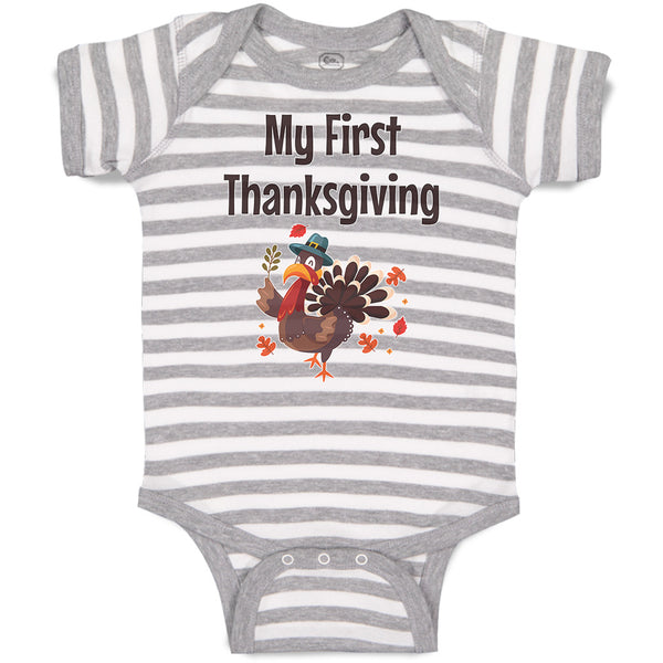 Baby Clothes Thanksgiving Day Turkey Bird in Pilgrim Hat Holds Leaves Cotton