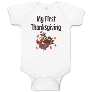 Baby Clothes Thanksgiving Day Turkey Bird in Pilgrim Hat Holds Leaves Cotton