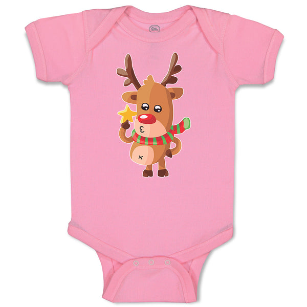 Baby Clothes Merry Christmas Cute Deer Wearing Scarf and Holding Star Cotton