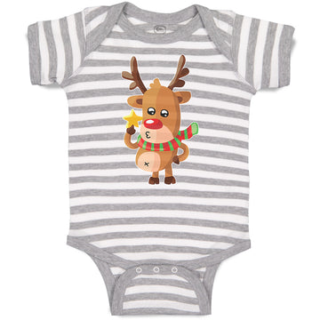 Baby Clothes Merry Christmas Cute Deer Wearing Scarf and Holding Star Cotton