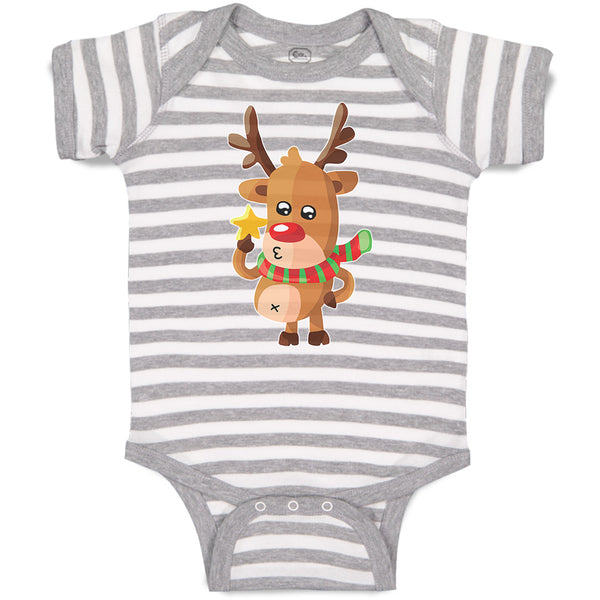 Baby Clothes Merry Christmas Cute Deer Wearing Scarf and Holding Star Cotton