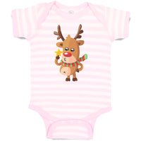 Baby Clothes Merry Christmas Cute Deer Wearing Scarf and Holding Star Cotton