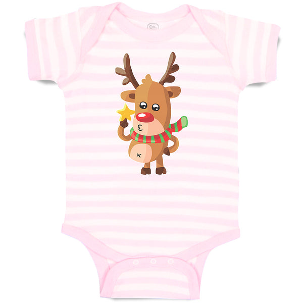 Baby Clothes Merry Christmas Cute Deer Wearing Scarf and Holding Star Cotton