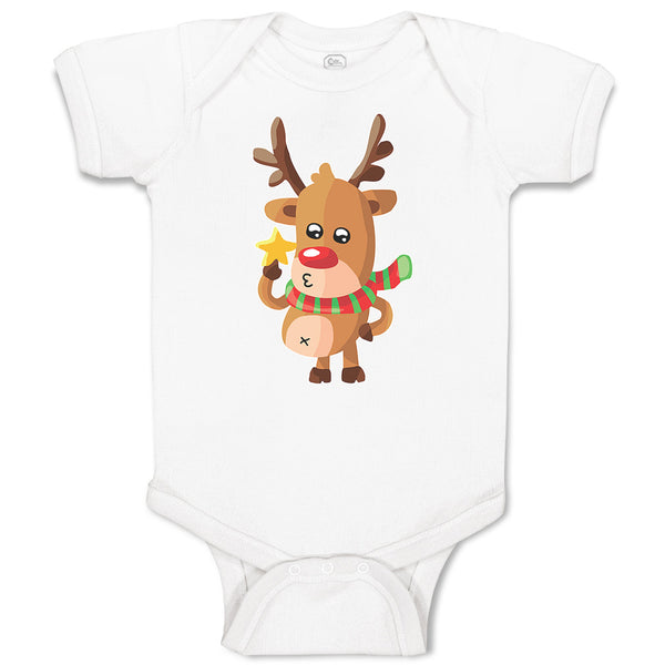 Baby Clothes Merry Christmas Cute Deer Wearing Scarf and Holding Star Cotton