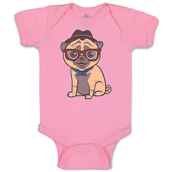 Baby Clothes Pug on Hat and Sunglass with Bow Tie Sitting Baby Bodysuits Cotton