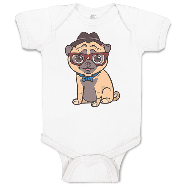 Baby Clothes Pug on Hat and Sunglass with Bow Tie Sitting Baby Bodysuits Cotton