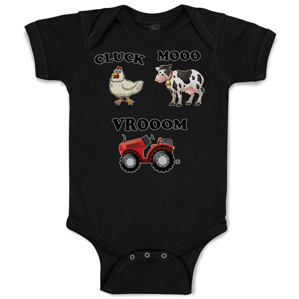 Baby Clothes Cluck Mooo Vrooom with Farmer Tractor, Hen and Cow Baby Bodysuits