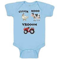 Baby Clothes Cluck Mooo Vrooom with Farmer Tractor, Hen and Cow Baby Bodysuits