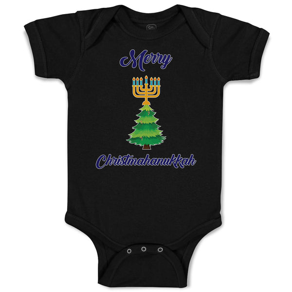 Baby Clothes Merry Christmahanukkah and 7 Candles Stands on Pine Tree Cotton